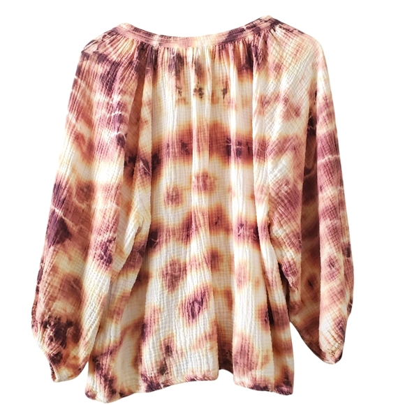 NATION LTD MiMi Romance‎ Plum/Yellow/Cream Tie Dye Gauzy Peasent Sleeve Blouse L - Picture 3 of 15